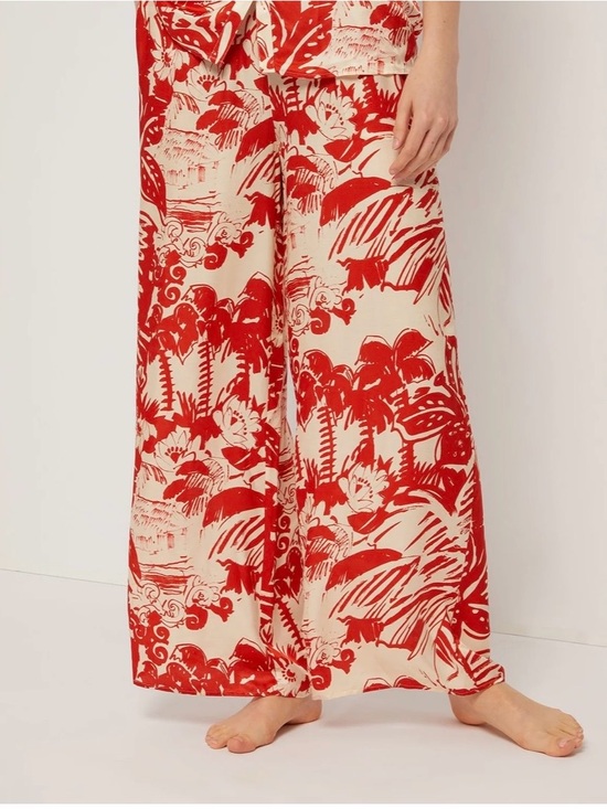 Onia Pants - Onia Red & Cream Tropical Wide-Leg Pants